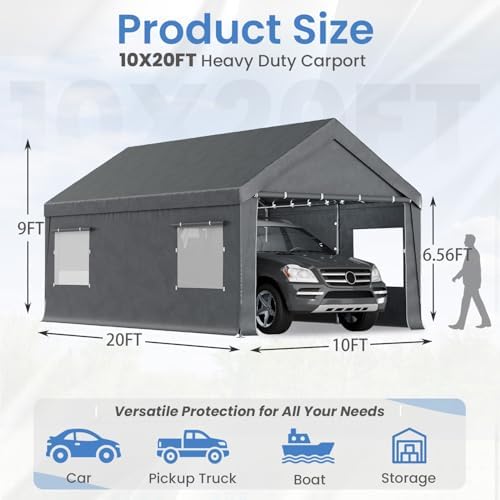EROMMY 10x20 FT Heavy Duty Carport Canopy with Sidewalls, Grey