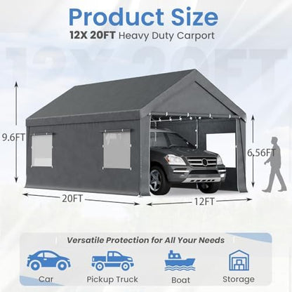 EROMMY 12x20 FT Heavy Duty Carport Canopy with Sidewalls, Grey