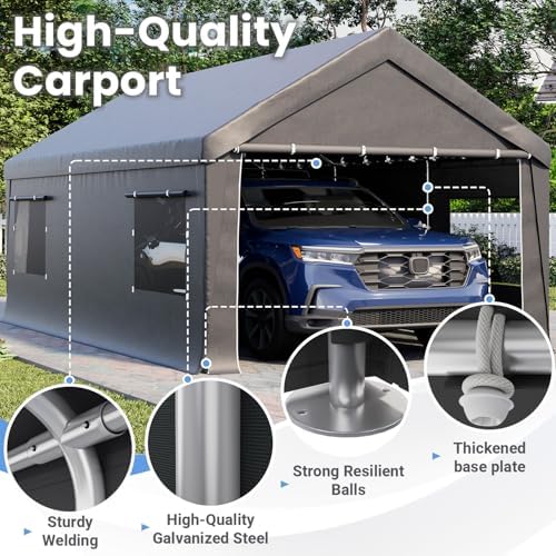 EROMMY 12x20 FT Heavy Duty Carport Canopy with Sidewalls, Grey