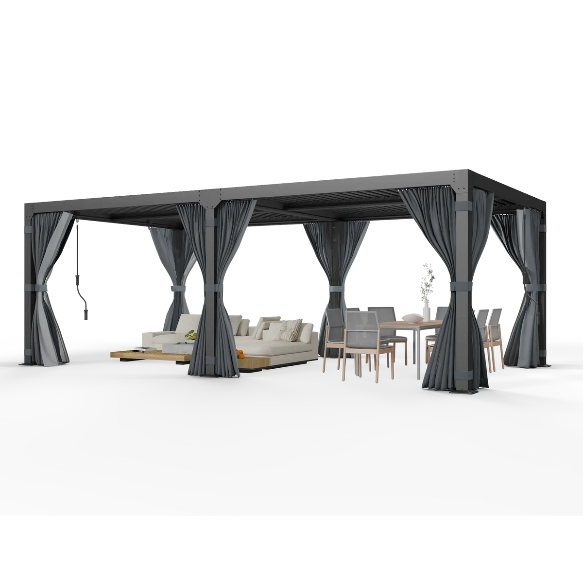 EROMMY 10x20 Metal Louvered Pergola with Outdoor Curtains, Dark Grey