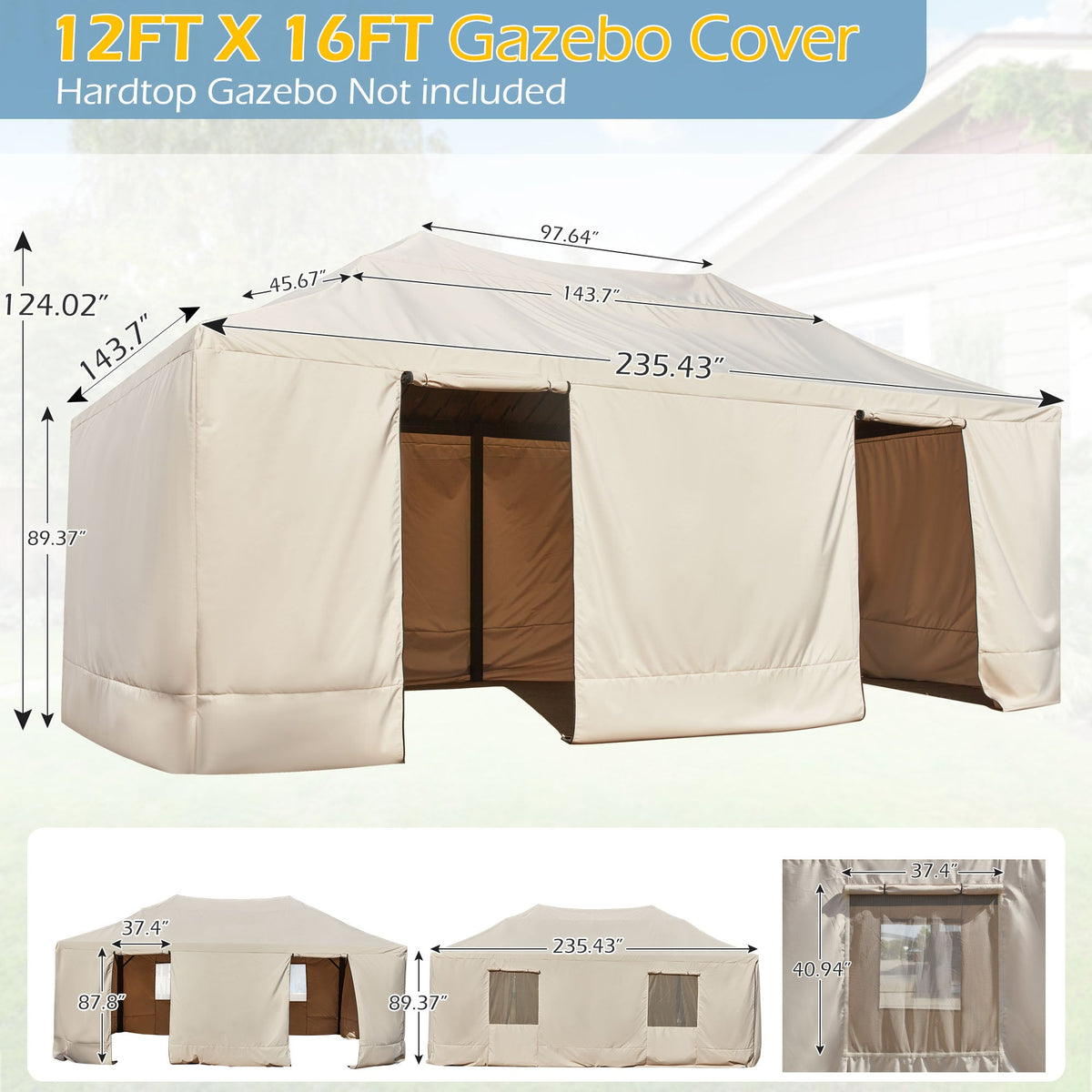 EROMMY Gazebo Cover for 12'x20' Gazebos, Beige(Gazebo not Included)