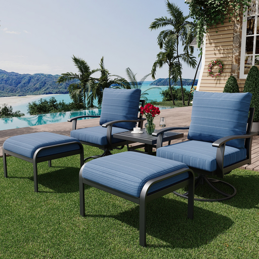 EROMMY Outdoor Swivel Rocker Patio Chairs with Ottomans, 5 PCS Bistro Set for Garden, Deck, Blue
