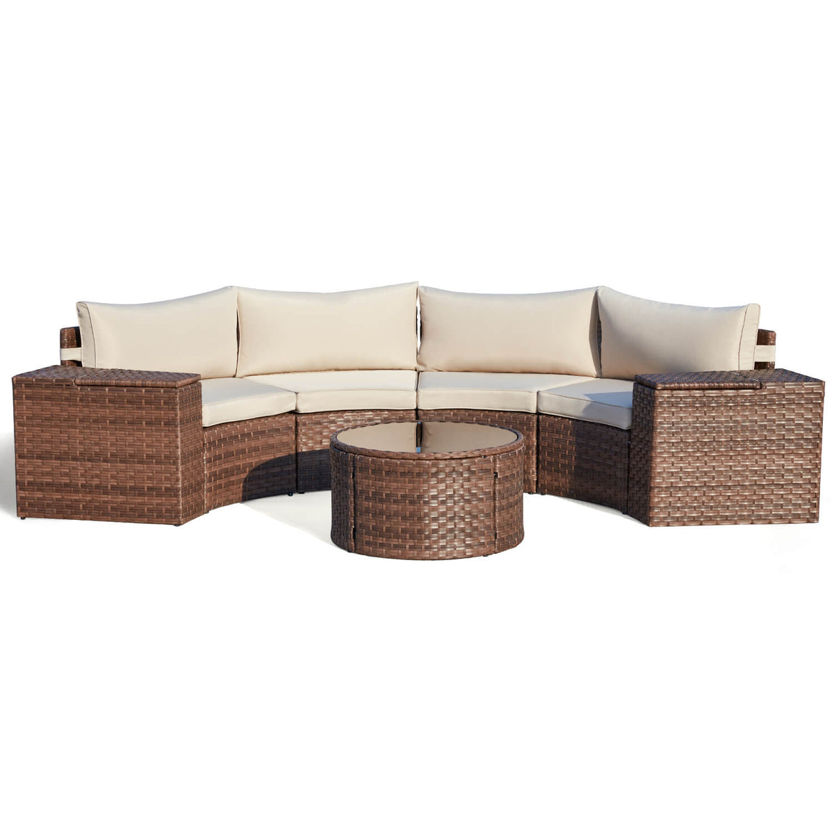 EROMMY Outdoor Patio Furniture Set, 7-Piece Half-Moon Wicker Patio Sofa Set with Storage Table, Brown & Beige