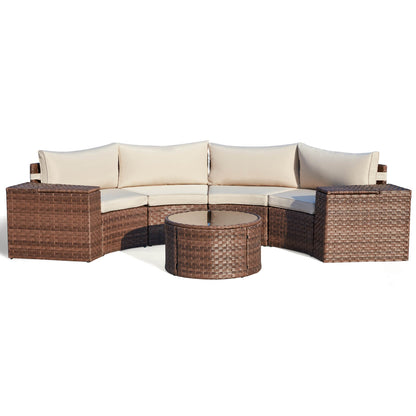 EROMMY Outdoor Patio Furniture Set, 7-Piece Half-Moon Wicker Patio Sofa Set with Storage Table, Brown & Beige