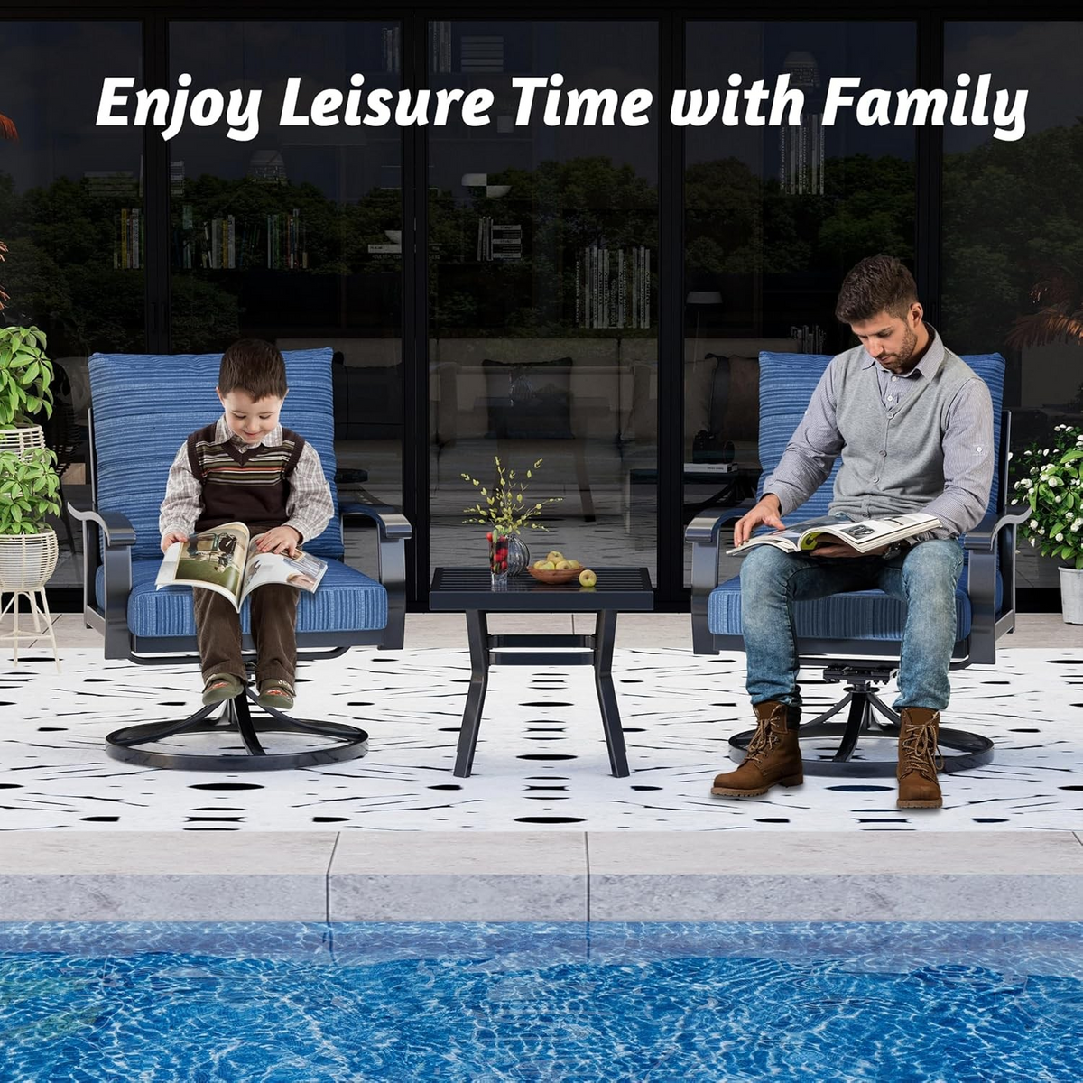 EROMMY Outdoor Swivel Rocker Patio Chairs with Ottomans, 5 PCS Bistro Set for Garden, Deck, Blue