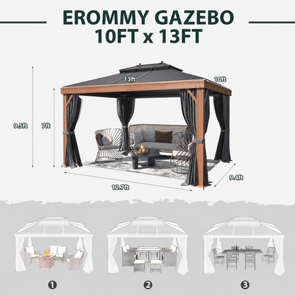 EROMMY 10' x 13' Hardtop Gazebo Faux Wood Grain with Aluminum Frame, Galvanized Steel Double Roof
