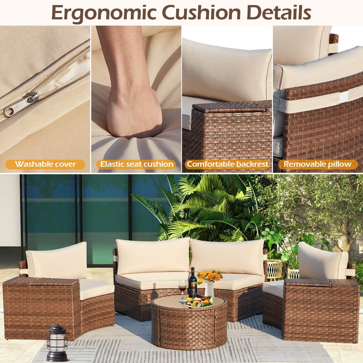 EROMMY Outdoor Patio Furniture Set, 7-Piece Half-Moon Wicker Patio Sofa Set with Storage Table, Brown & Beige