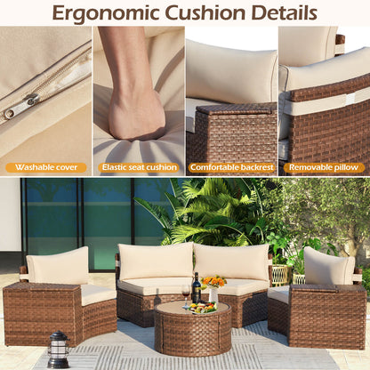 EROMMY Outdoor Patio Furniture Set, 7-Piece Half-Moon Wicker Patio Sofa Set with Storage Table, Brown & Beige