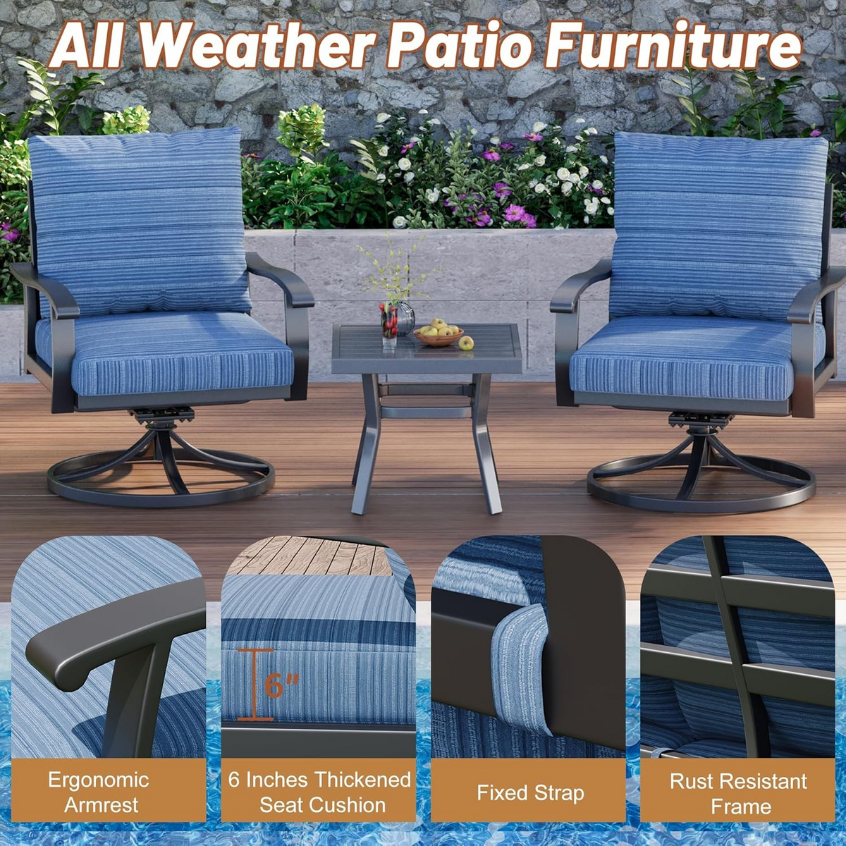 EROMMY Outdoor Swivel Rocker Patio Chairs with Ottomans, 5 PCS Bistro Set for Garden, Deck, Blue