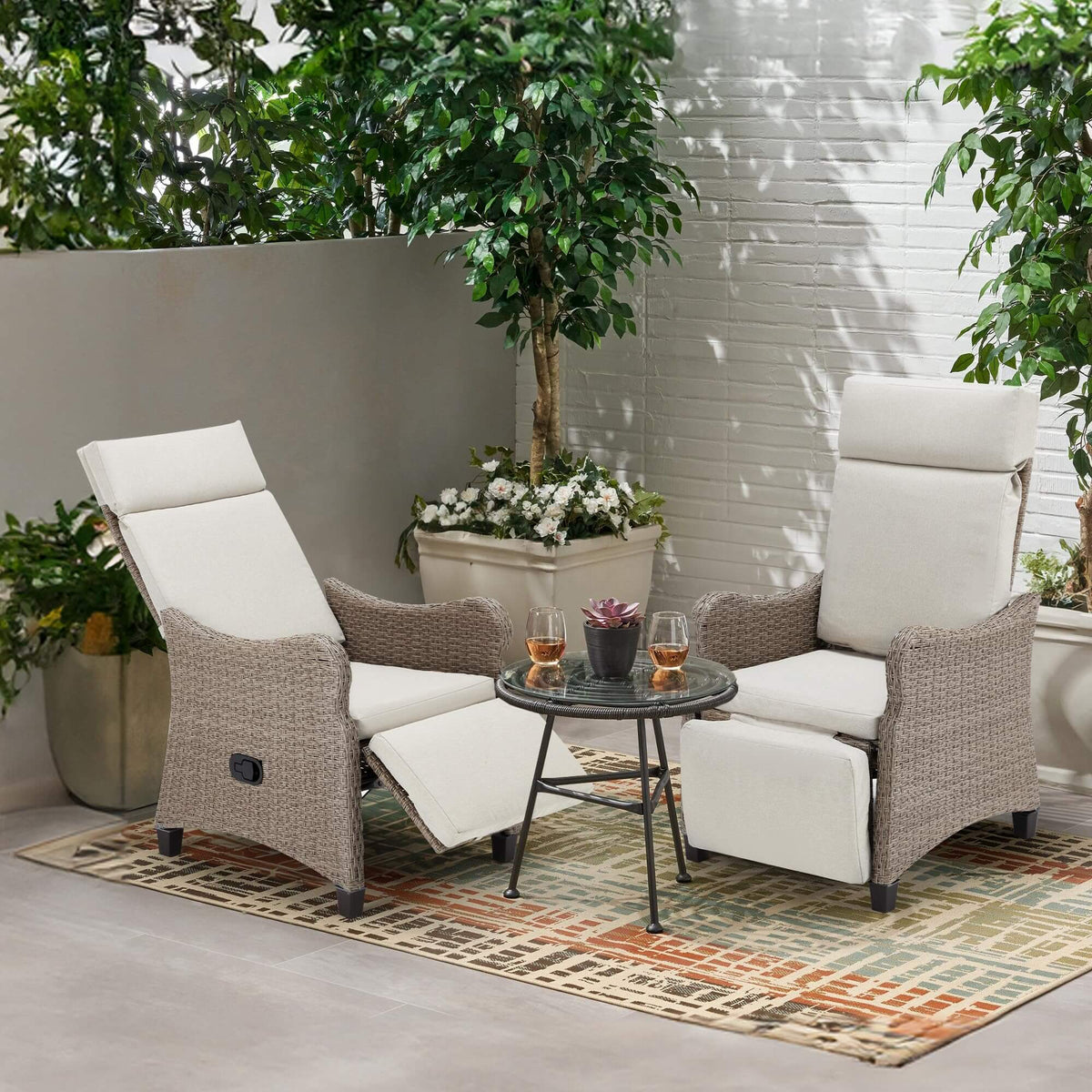 EROMMY Outdoor Wicker Recliner Chairs Set of 2 with Adjustable Backrest & Footrest, Light Gray