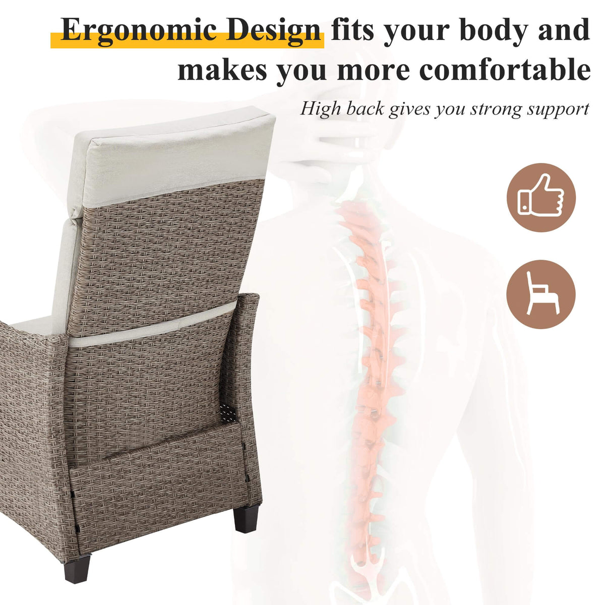 EROMMY Outdoor Wicker Recliner Chairs Set of 2 with Adjustable Backrest & Footrest, Light Gray