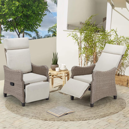 EROMMY Outdoor Wicker Recliner Chairs Set of 2 with Adjustable Backrest & Footrest, Light Gray