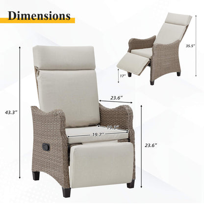 EROMMY Outdoor Wicker Recliner Chairs Set of 2 with Adjustable Backrest & Footrest, Light Gray