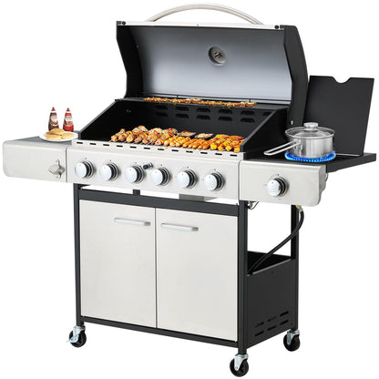 EROMMY 6 Burner BBQ Propane Gas Grill, 58,000 BTU Stainless Steel Patio Garden Barbecue Grill with Stove and Side Table