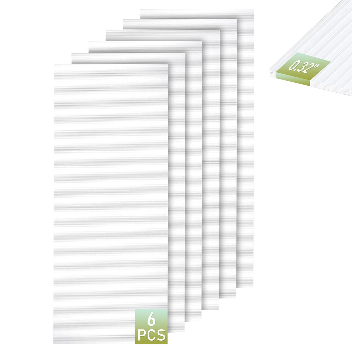 EROMMY 6 Pack 5'x2' Polycarbonate Greenhouse Panels, 0.32" Twin-Wall Sheets, UV Resistant & Weatherproof Clear Roofing for Greenhouse,Gazebo Roofing and Outdoor Projects, Transparent