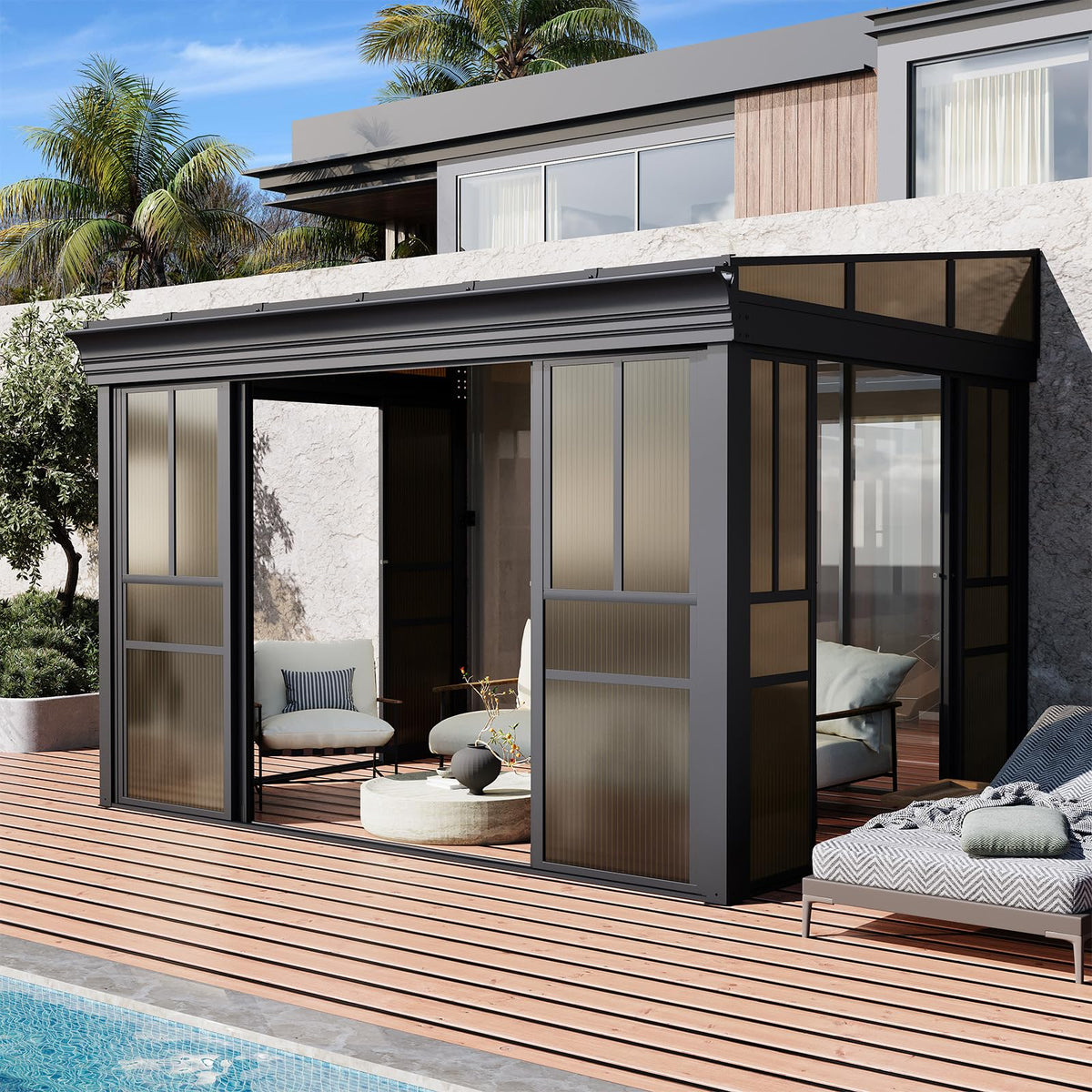 EROMMY 8x12 Lean-to Sunroom Gazebo, Enclosed Patio Shelter with Sliding Doors, Polycarbonate Roof and Gray-Tinted Panels, Aluminum Frame for Backyard