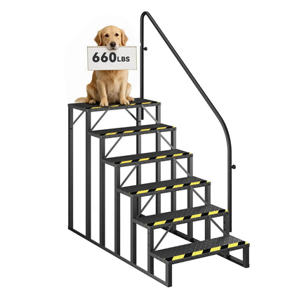 EROMMY 6-Step RV Steps with Handrail, 660LBS Capacity, Metal Mobile Home Stairs with Armrest, Anti-Slip Hot Tub & Camper Steps, Non-Skid Treads
