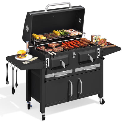 EROMMY 36 In Large Charcoal Grill - 620 Sq.In Oversized BBQ Area with Storage Cabinet & Individual Lifting Charcoal Trays, Foldable Side Tables and Thermometer