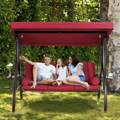 EROMMY 3-Seat Outdoor Porch Swing with Adjustable Canopy Backrest and 2 Side Trays, Wine Red