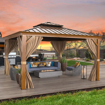 EROMMY 12' x 12' Hardtop Gazebo Faux Wood Grain Metal Ganopy with Aluminum Frame, Galvanized Steel Double Roof