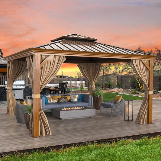 EROMMY 12' x 12' Hardtop Gazebo Faux Wood Grain Metal Ganopy with Aluminum Frame, Galvanized Steel Double Roof