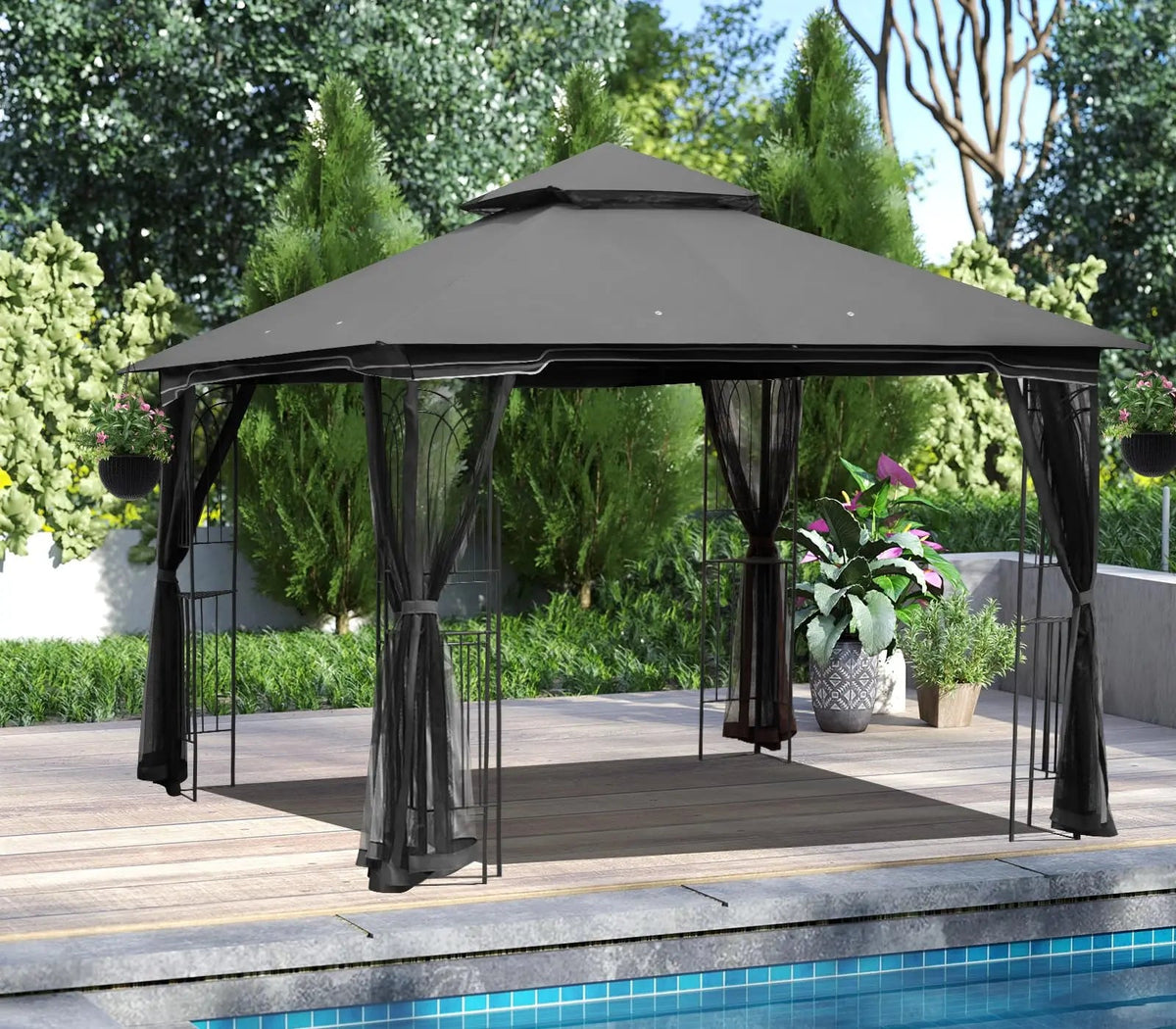 EROMMY Outdoor Gazebo 10'x10', Heavy Duty Canopy Tent with Soft Double Roofs & Metal Corner Frame Shelves, Party Tent Shelter with Mosquito Netting for Patio, Deck, Backyard, Gray