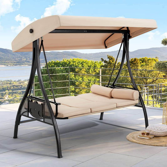 EROMMY 3-Seat Outdoor Porch Swing with Adjustable Canopy and Backrest, Khaki