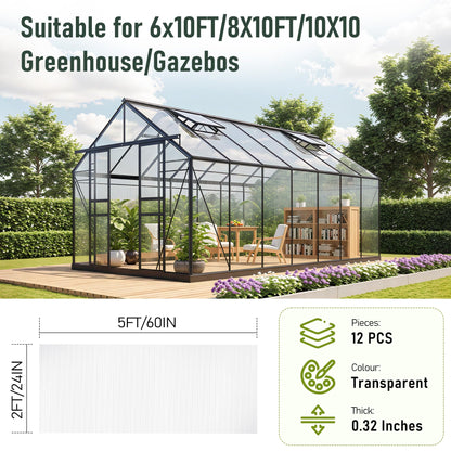 EROMMY 12 Pack 5'x2' Polycarbonate Greenhouse Panels, 0.32" Twin-Wall Sheets, UV Resistant & Weatherproof Clear Roofing for Greenhouse,Gazebo Roofing and Outdoor Projects, Transparent