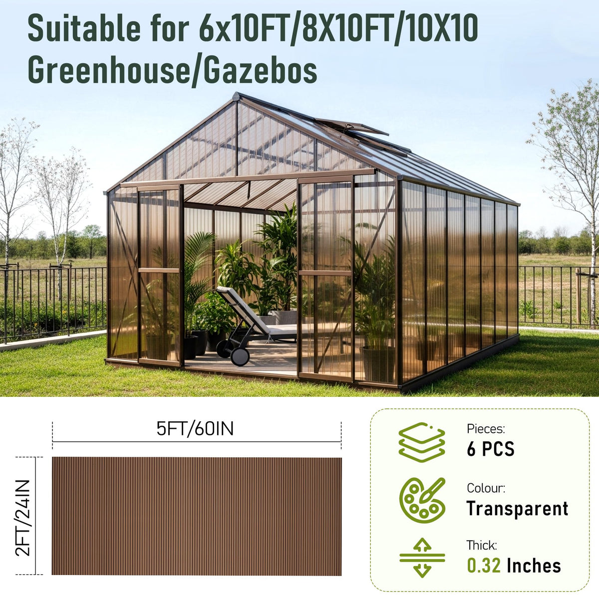 EROMMY 6 Pack 5'x2' Polycarbonate Greenhouse Panels, 0.32" Twin-Wall Sheets, UV Resistant & Weatherproof Clear Roofing for Greenhouse,Gazebo Roofing and Outdoor Projects
