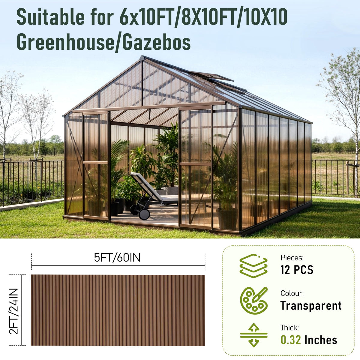 EROMMY 12 Pack 5'x2' Polycarbonate Greenhouse Panels, 0.32" Twin-Wall Sheets, UV Resistant & Weatherproof Clear Roofing for Greenhouse,Gazebo Roofing and Outdoor Projects