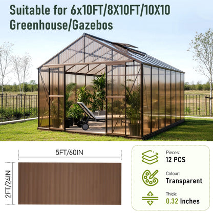 EROMMY 12 Pack 5'x2' Polycarbonate Greenhouse Panels, 0.32" Twin-Wall Sheets, UV Resistant & Weatherproof Clear Roofing for Greenhouse,Gazebo Roofing and Outdoor Projects