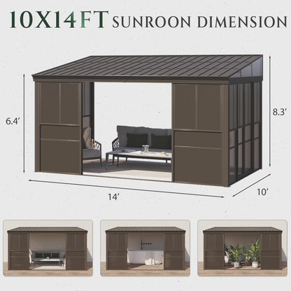 EROMMY 10 x 14FT Wall-Mounted Sunroom with Removable 3-Sided Doors & Aluminum Frame, All-Weather Sun Room with Galvanized Steel Roof, 6mm Thickened PC Screen