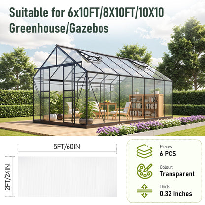 EROMMY 6 Pack 5'x2' Polycarbonate Greenhouse Panels, 0.32" Twin-Wall Sheets, UV Resistant & Weatherproof Clear Roofing for Greenhouse,Gazebo Roofing and Outdoor Projects, Transparent