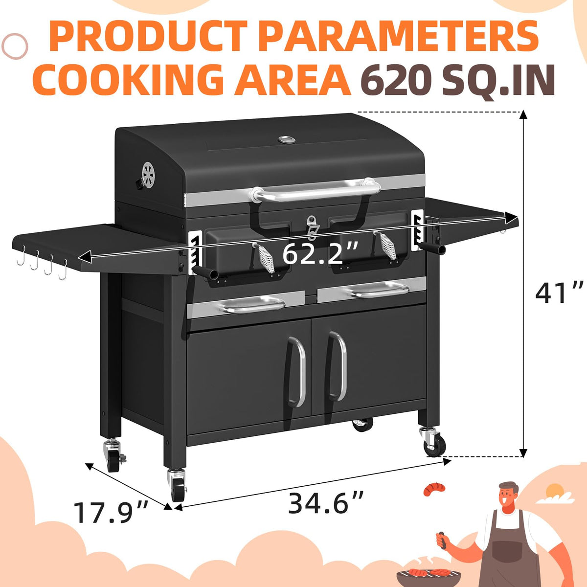 EROMMY 36 In Large Charcoal Grill - 620 Sq.In Oversized BBQ Area with Storage Cabinet & Individual Lifting Charcoal Trays, Foldable Side Tables and Thermometer