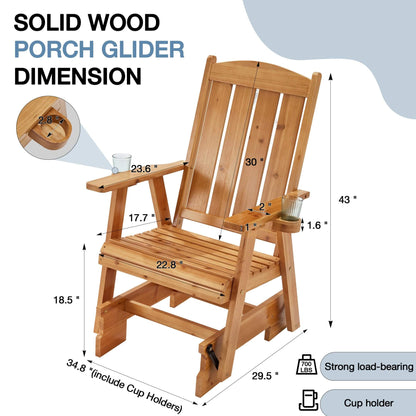 EROMMY Wooden Patio Glider Chair with Cup Holders Heavy Duty 700lbs