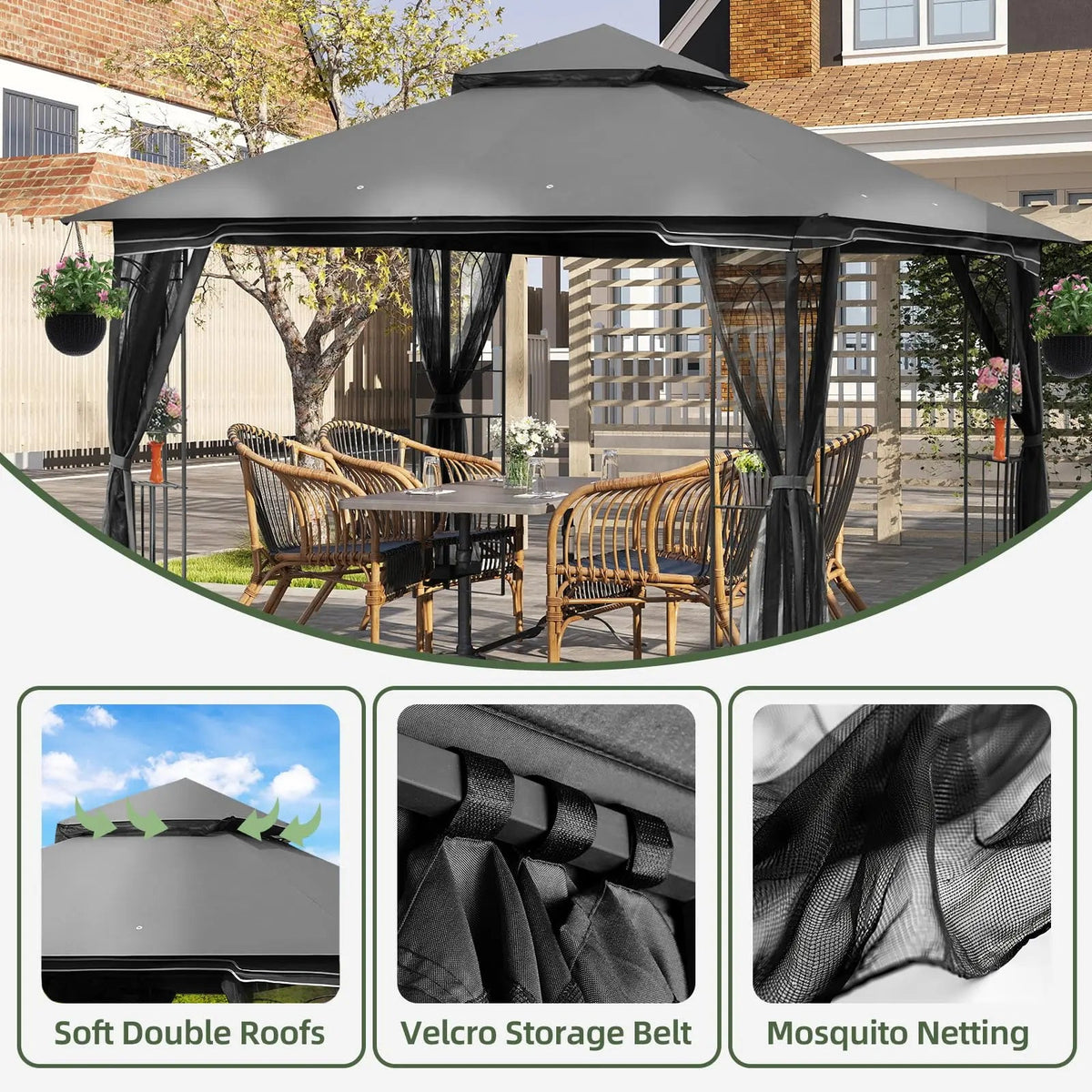 EROMMY Outdoor Gazebo 10'x10', Heavy Duty Canopy Tent with Soft Double Roofs & Metal Corner Frame Shelves, Party Tent Shelter with Mosquito Netting for Patio, Deck, Backyard, Gray