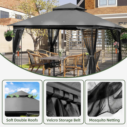 EROMMY Outdoor Gazebo 10'x10', Heavy Duty Canopy Tent with Soft Double Roofs & Metal Corner Frame Shelves, Party Tent Shelter with Mosquito Netting for Patio, Deck, Backyard, Gray