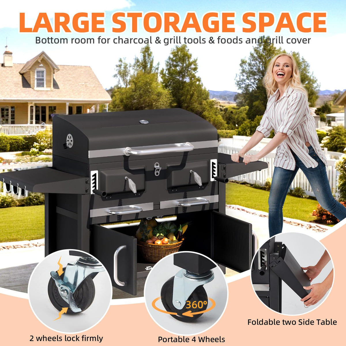 EROMMY 36 In Large Charcoal Grill - 620 Sq.In Oversized BBQ Area with Storage Cabinet & Individual Lifting Charcoal Trays, Foldable Side Tables and Thermometer