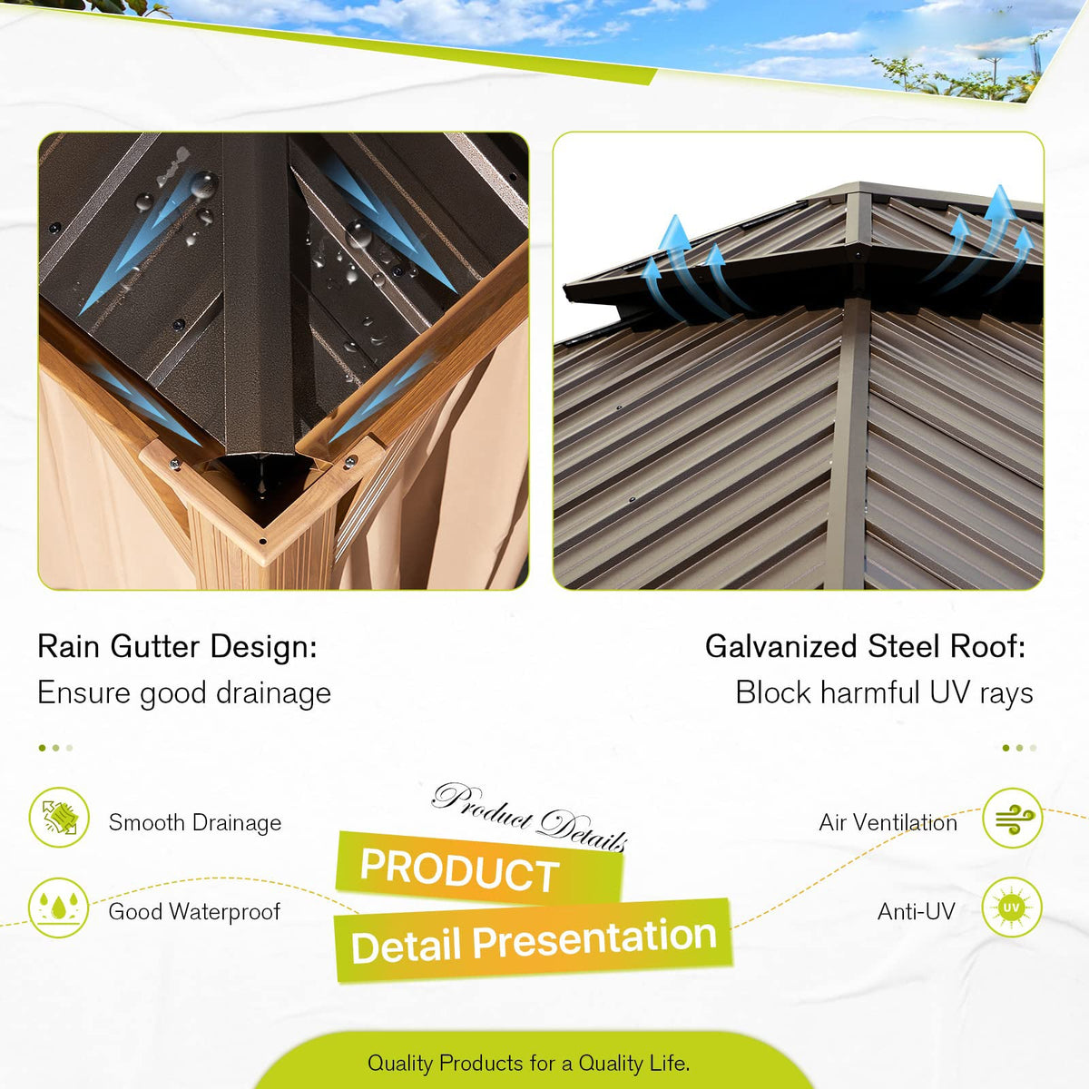 EROMMY 12' x 12' Hardtop Gazebo Faux Wood Grain Metal Ganopy with Aluminum Frame, Galvanized Steel Double Roof