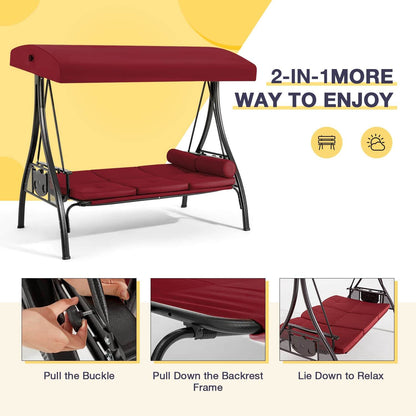 EROMMY 3-Seat Outdoor Porch Swing with Adjustable Canopy Backrest and 2 Side Trays, Wine Red