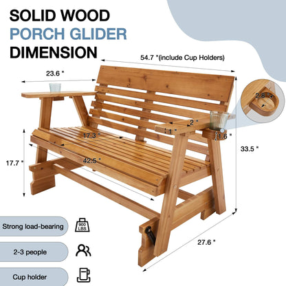 EROMMY Patio Glider Bench Chair Set with Cup Holders, Ergonomic Deep Contoured Seat