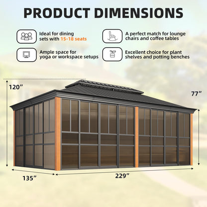 EROMMY 12'*20' Sunroom, with Front Door, Side Entrance, Galvanized Steel Double Top, Wood Grain Appearance, Aluminum Alloy Frame, Solarium Backyard Sun Room