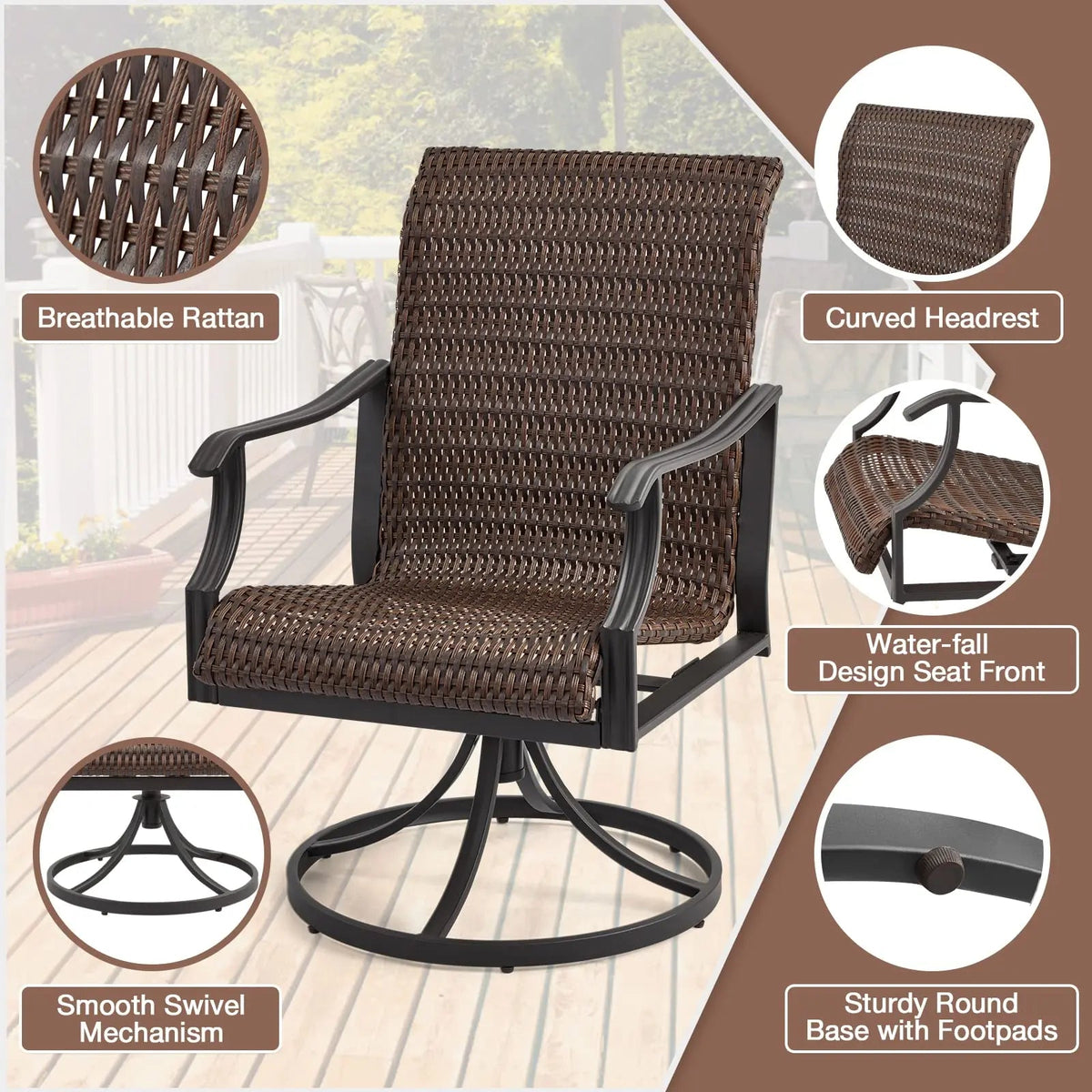 EROMMY Patio Wicker Swivel Chair Set of 2, Heavy Duty Outdoor Dining Chair with 23.5'' High Back, Extra-Large Water-Fall Seat, Gentle Rocker