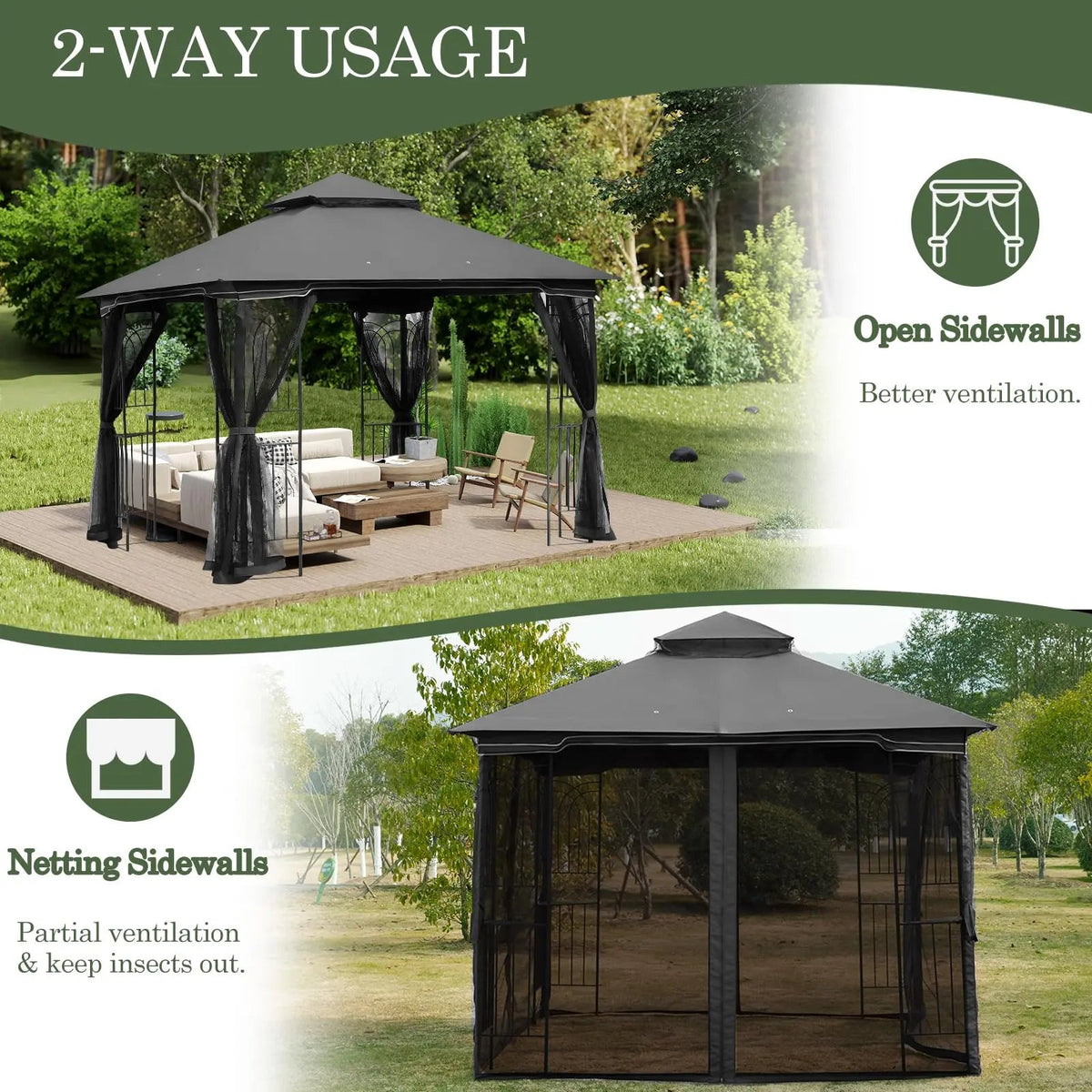 EROMMY Outdoor Gazebo 10'x10', Heavy Duty Canopy Tent with Soft Double Roofs & Metal Corner Frame Shelves, Party Tent Shelter with Mosquito Netting for Patio, Deck, Backyard, Gray