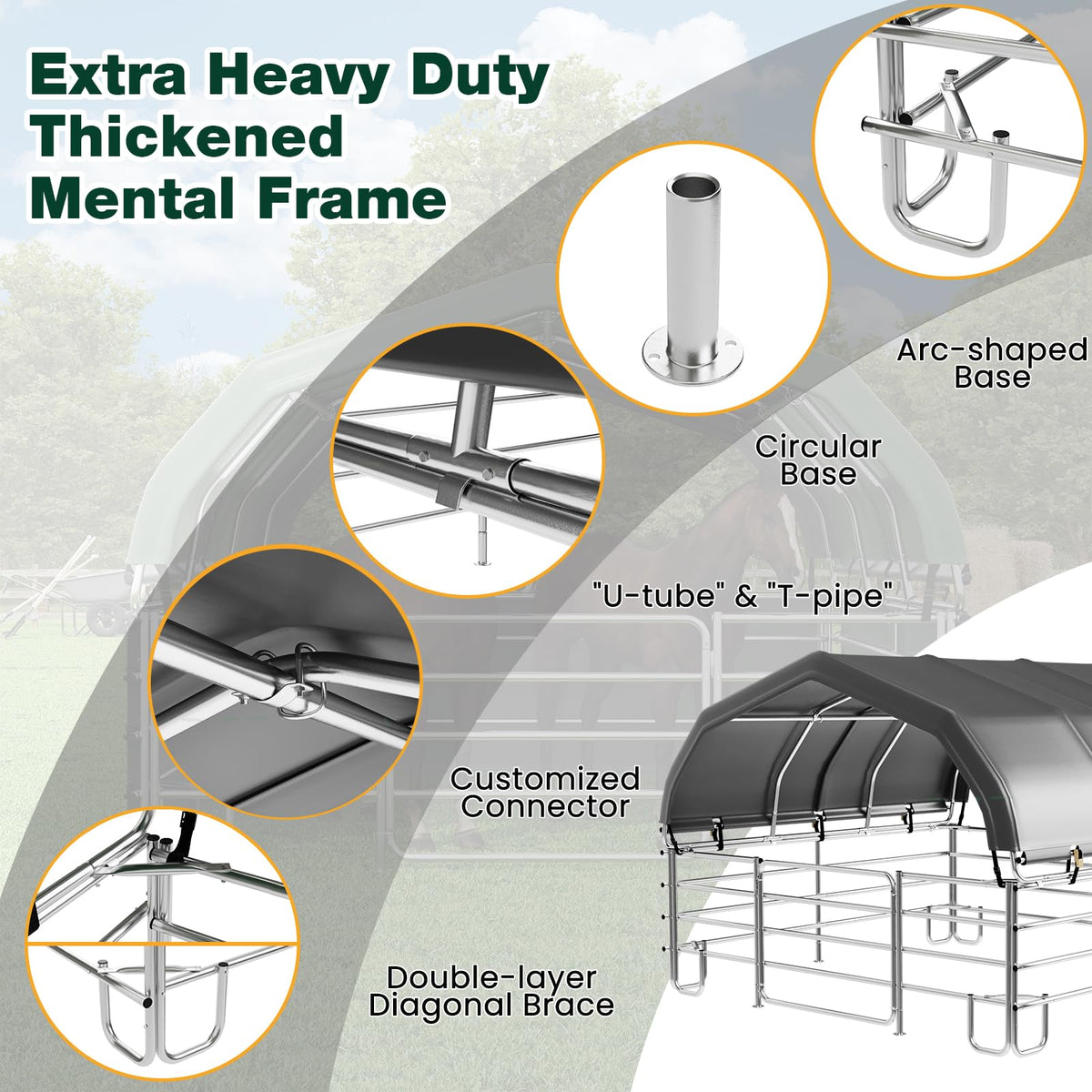 EROMMY 12'x12'x9.2' Corral and Livestock Shelter, Heavy Duty Round Style Canopy, Waterproof and UV Treated Steel Frame Cover, Easy Assembly Stable and Temporary Farm Shed, Grey
