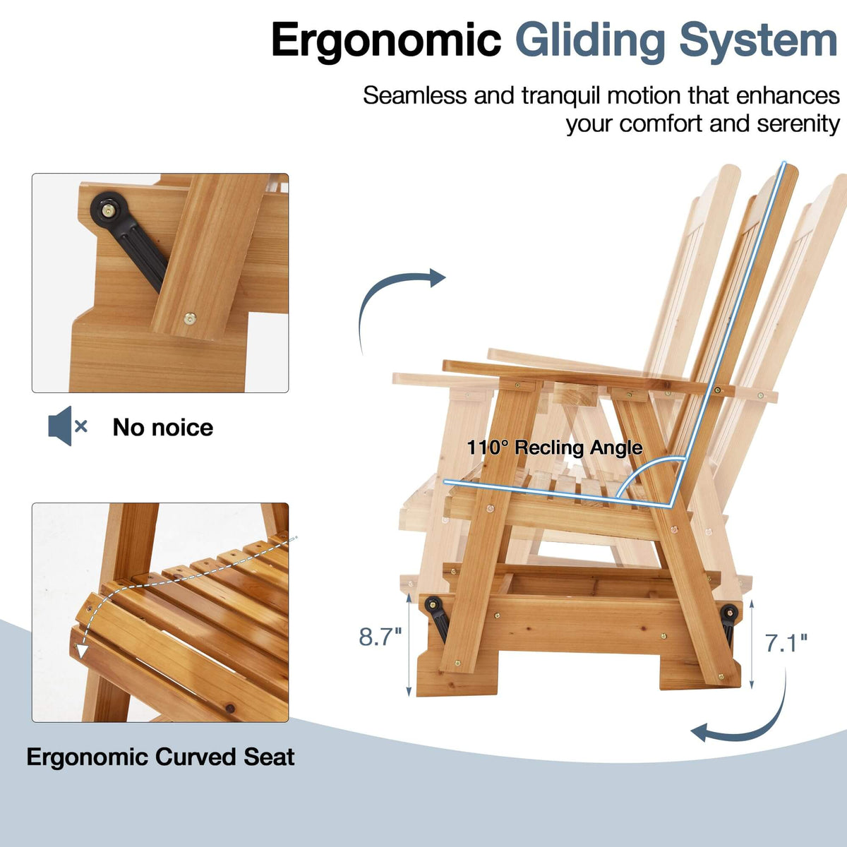 EROMMY Wooden Patio Glider Chair with Cup Holders Heavy Duty 700lbs