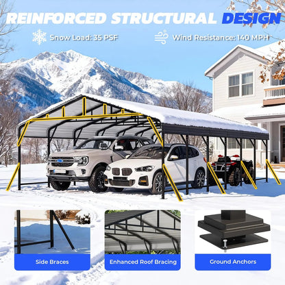 EROMMY 20x30 FT Heavy Duty Metal Carport with Reinforced Steel Braces & Galvanized Steel Roof and Frame, Sturdy Car Shed in All Weathers, Easy Assembly Car Shelter for 2 Cars, SUV, Tractors and Boat