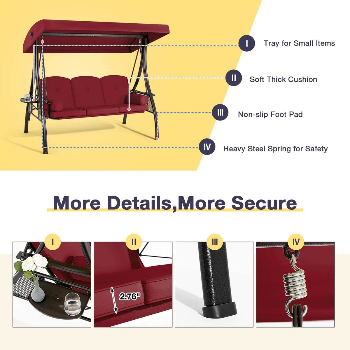 EROMMY 3-Seat Outdoor Porch Swing with Adjustable Canopy Backrest and 2 Side Trays, Wine Red