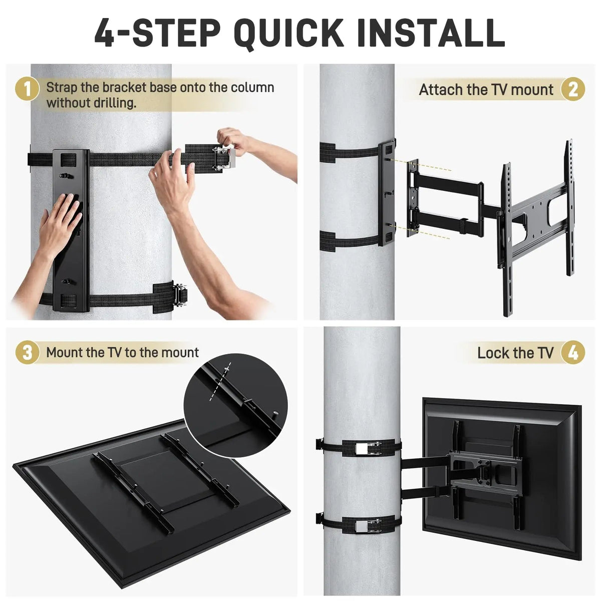 EROMMY Outdoor Gazebo TV Mount No Drill for Post, Full Motion Pergola TV Mount, Adjustable Weatherproof TV Bracket, Fits 27-65 Inch TVs, Holds 77 lbs