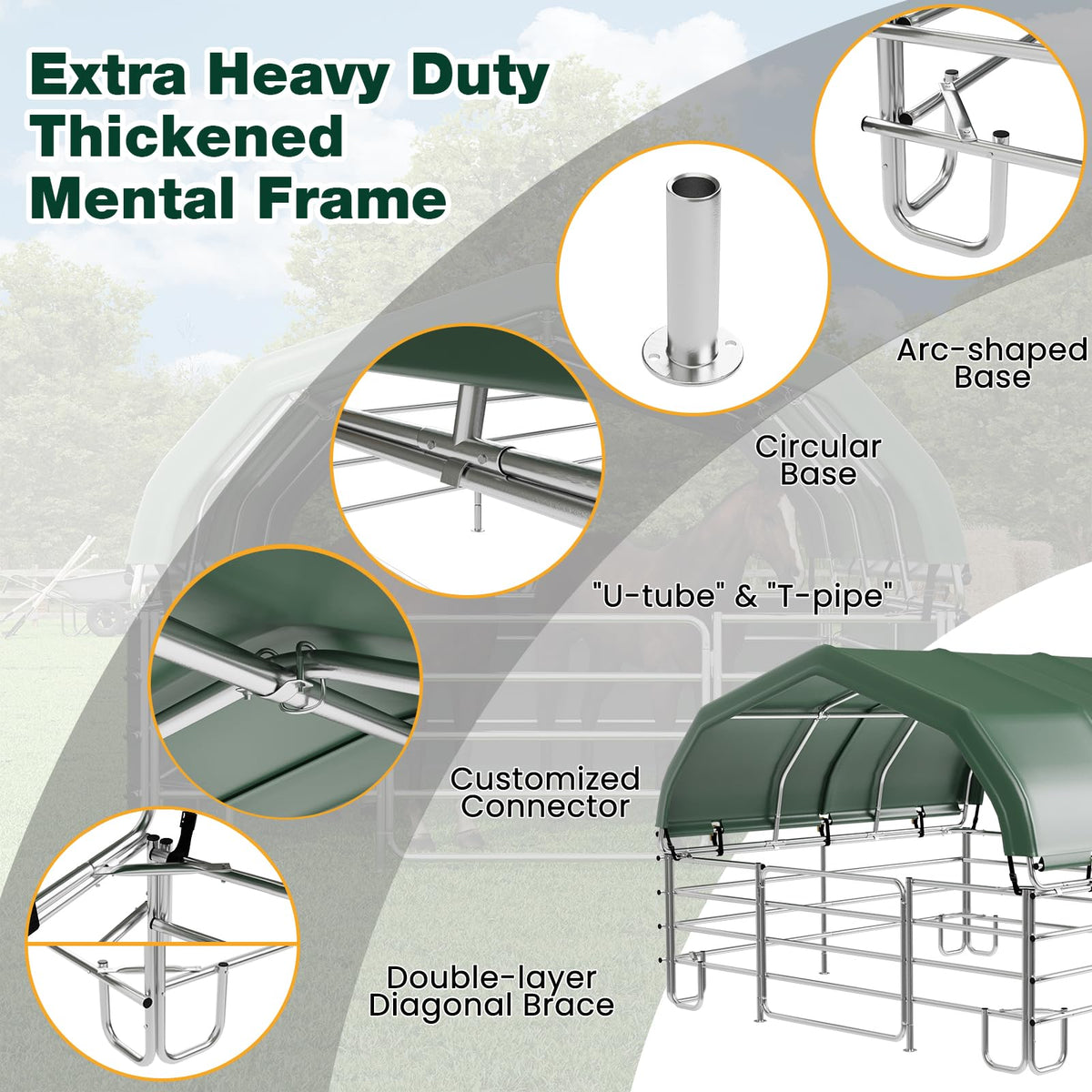 EROMMY 12'x12'x9.2' Corral and Livestock Shelter, Heavy Duty Round Style Canopy, Waterproof and UV Treated Steel Frame Cover, Easy Assembly Stable and Temporary Farm Shed, Green